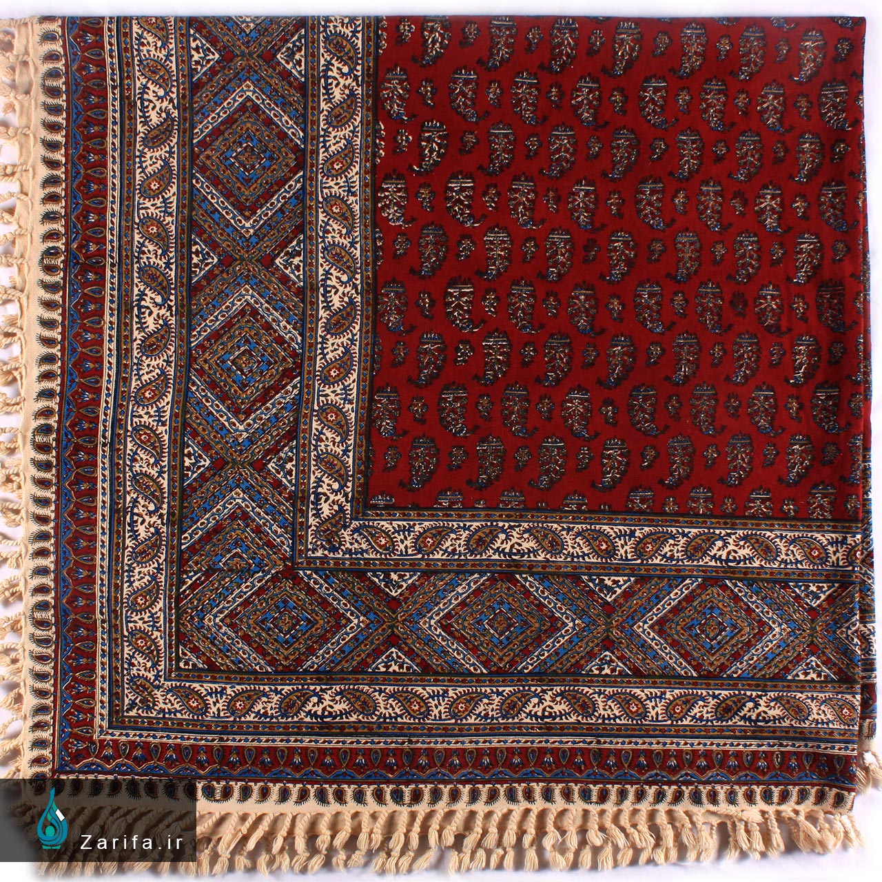 3150 رومیزی قلمکار اعلا طرح بته سرکج زمینه قرمز