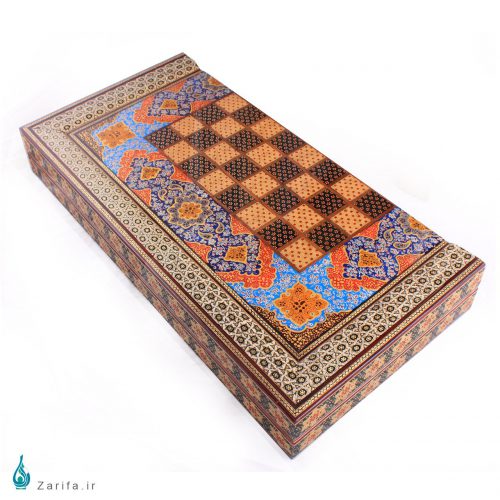تخته نرد و شطرنج خاتم با تذهیب آبی و نارنجی کارگاه کروبی - Image 3