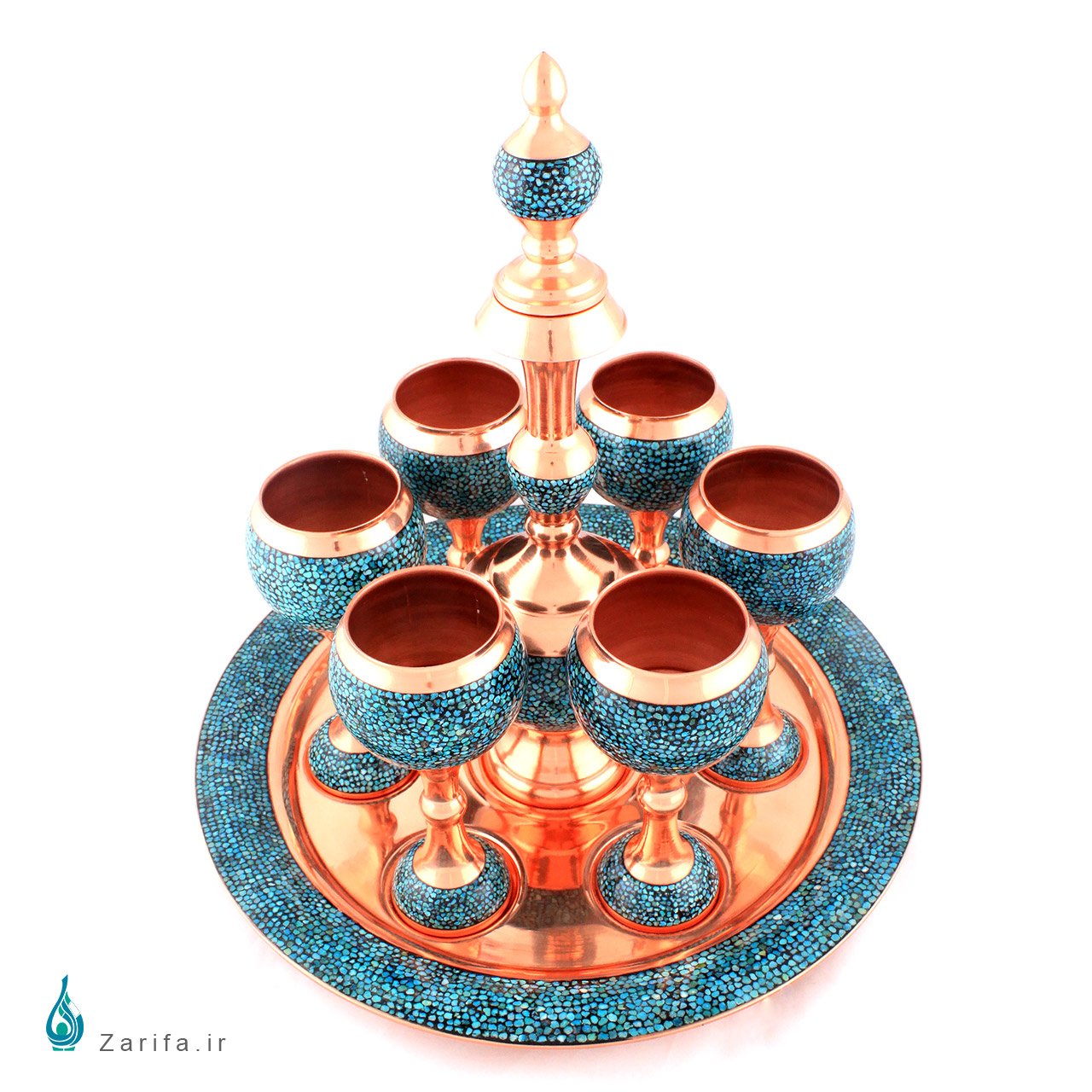 سرویس شربت خوری فیروزه کوب - مس و فیروزه نیشابور 8 پارچه - Image 3