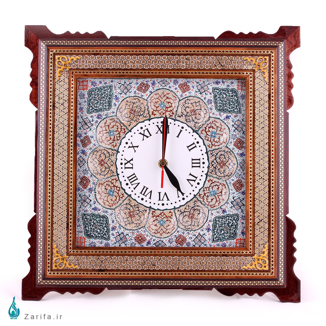 ساعت دیواری مینا و تذهیب با قاب خاتم،زمینه سفید