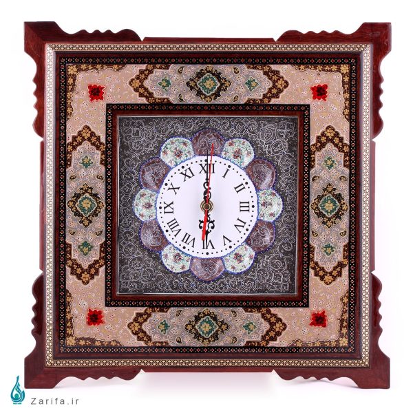 ساعت دیواری مینا با تذهیب دو رنگ و قاب خاتم