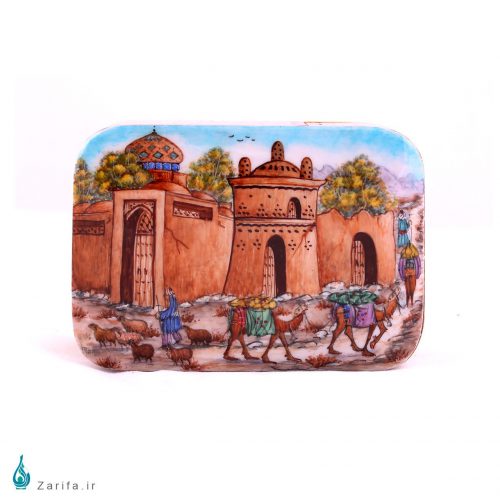 جعبه خاتم با نگارگری منظره روستایی افقی اثر کروبی - Image 3
