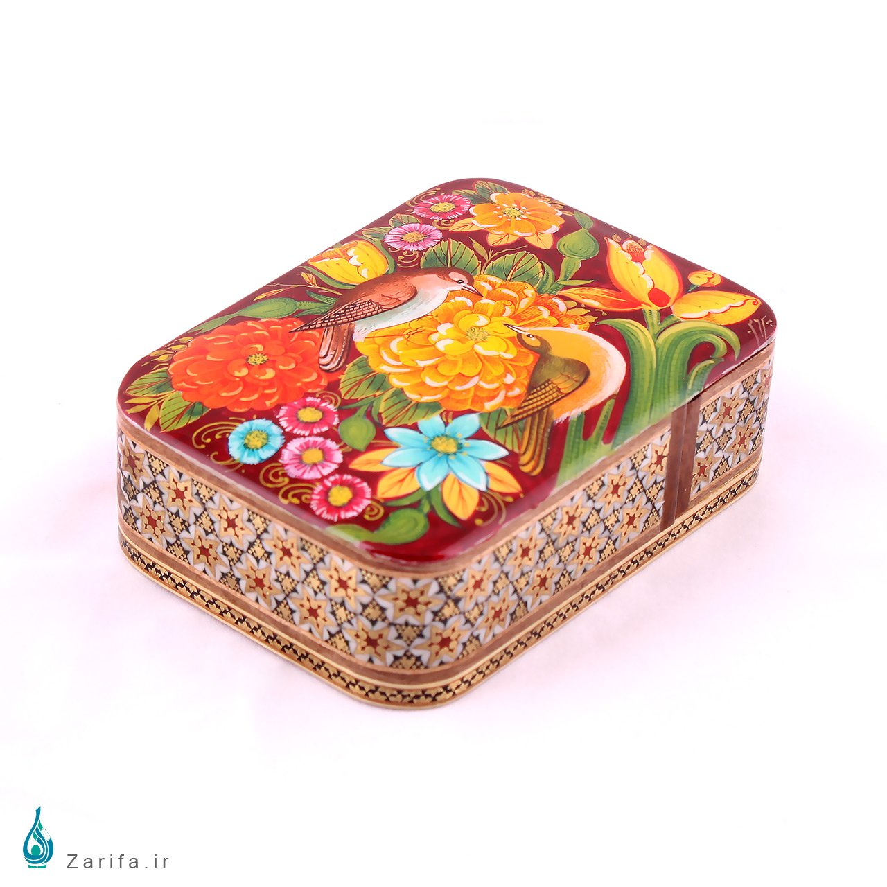جعبه خاتم با نگارگری گل و مرغ نارنجی