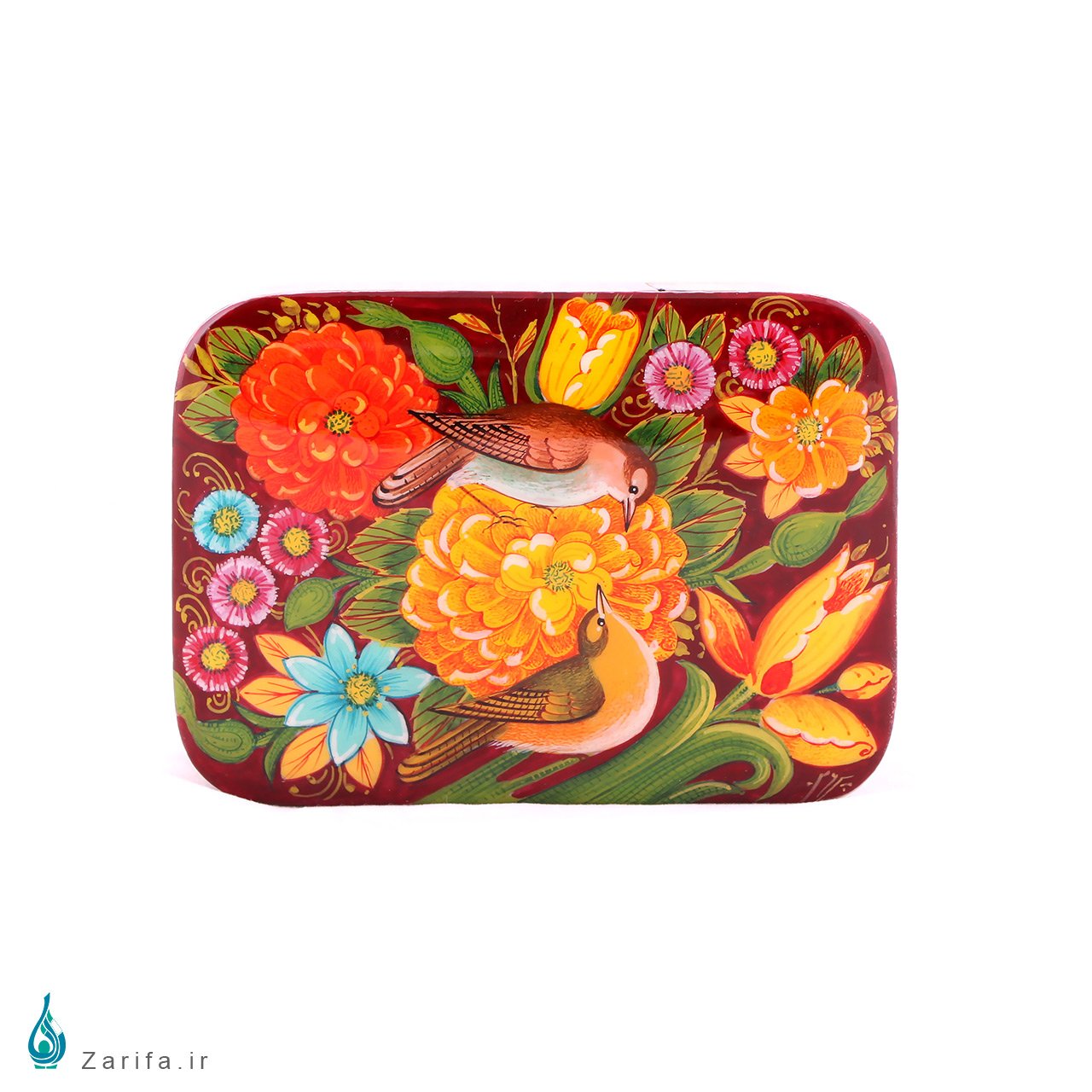 جعبه خاتم با نگارگری گل و مرغ نارنجی اثر کروبی - Image 3