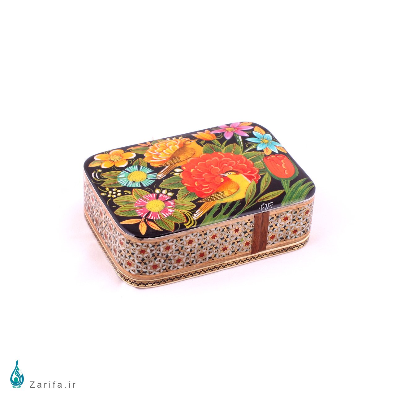 جعبه خاتم با نگارگری گل و مرغ نارنجی اثر کروبی - Image 2