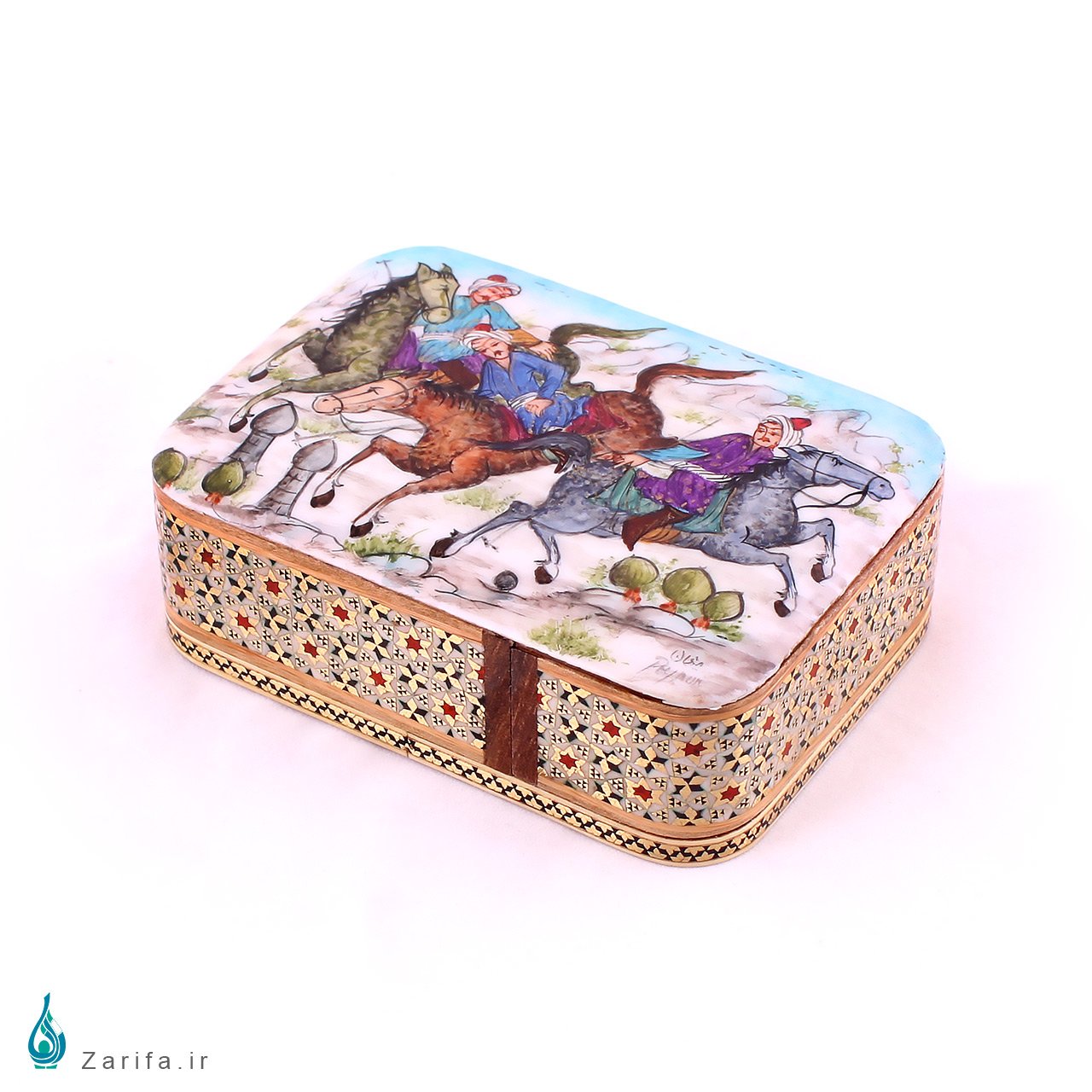 جعبه خاتم با نگارگری منظره شکار افقی