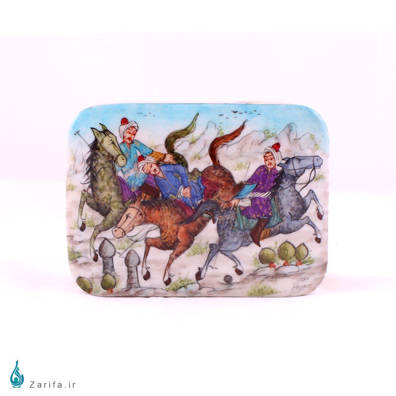 جعبه خاتم با نگارگری منظره شکار افقی - Image 3