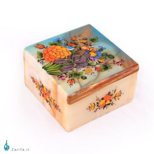 جعبه مربع سنگ مرمر با نگارگری گل و مرغ