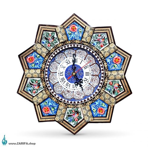 ساعت میناکاری با قاب خاتم مینیاتوری خورشیدی قل دار (32سانتی متر)