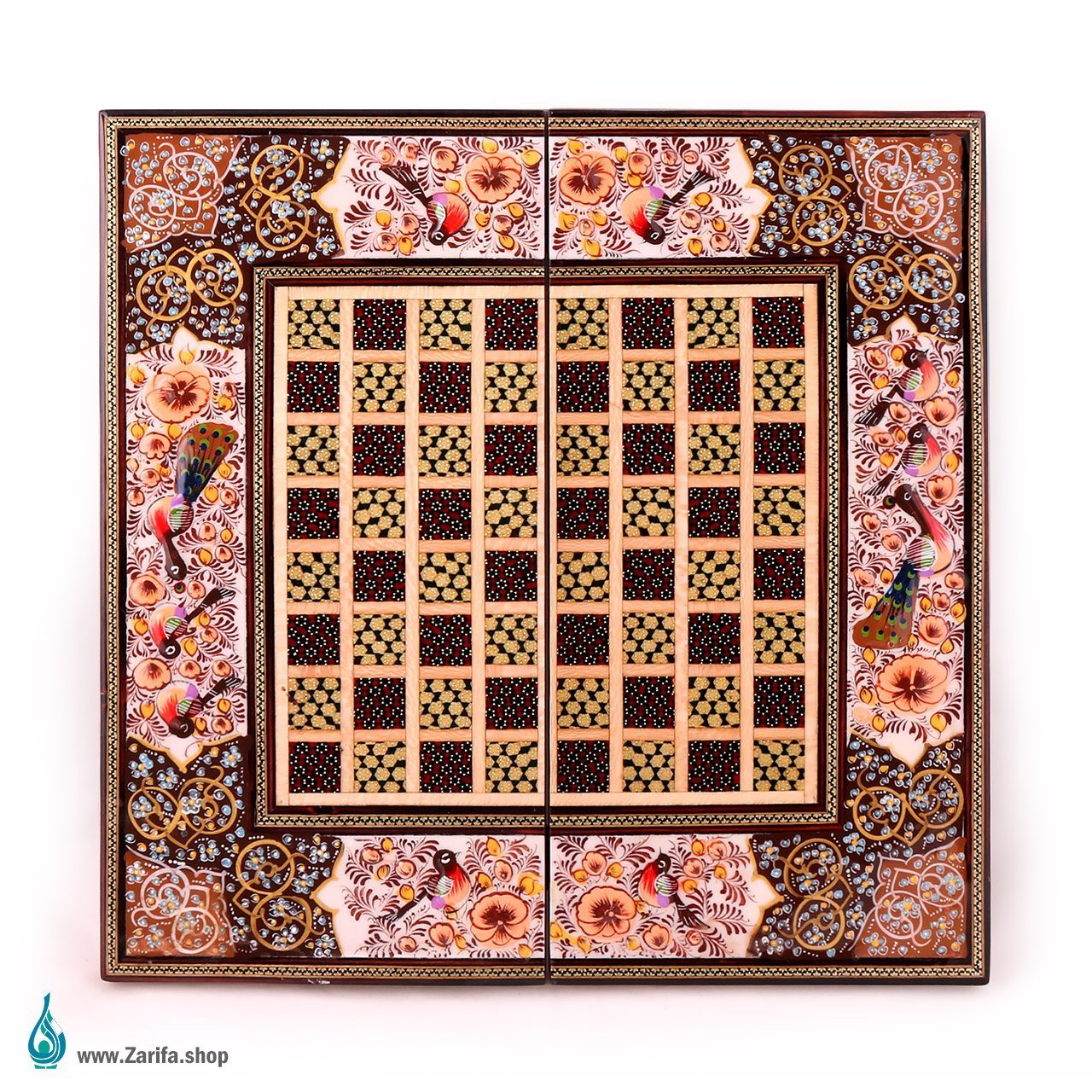 تخته نرد خاتم با نقاشی گل و مرغ