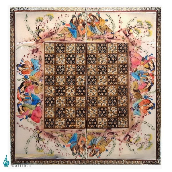 تخته نرد و شطرنج خاتم با نگارگری مجلس بزم بر زمینه صدف سفید  50*50