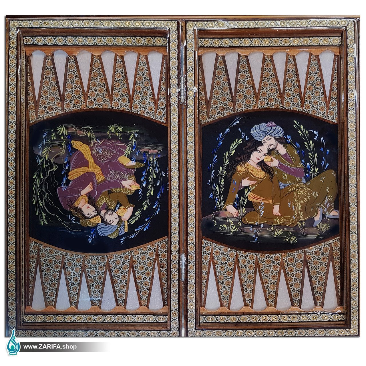 تخته نرد و شطرنج خاتم با نگارگری مجلس بزم با 18 چهره