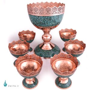 ست آجیل خوری فیروزه کوب مسی شبکه بری کف قلم