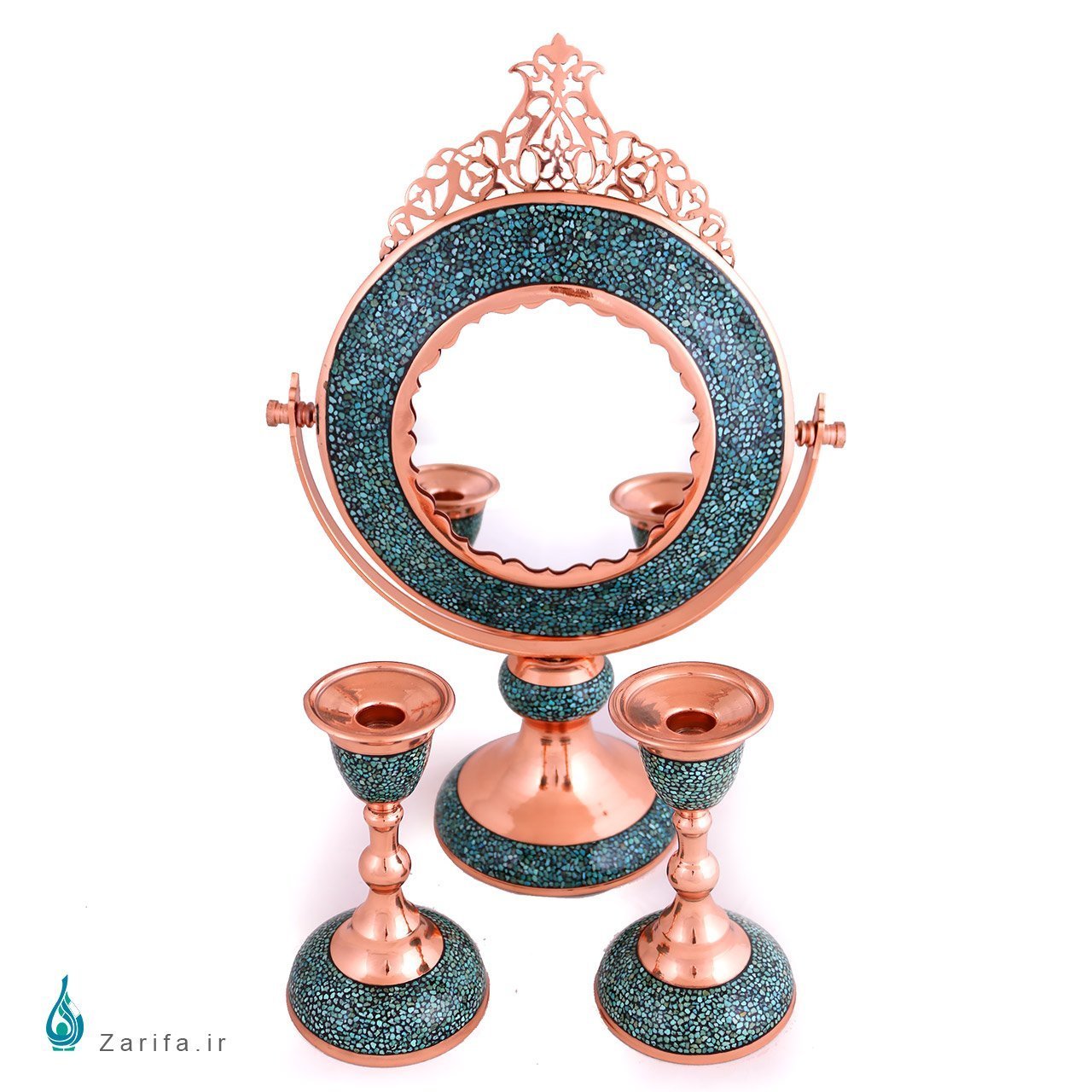 آینه شمعدان فیروزه کوب پایه دار گرد