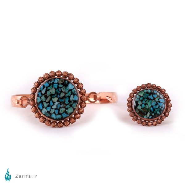 ست انگشتر و دستبند فیروزه و مس دایره ملیله