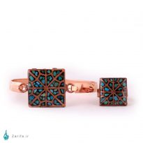 ست انگشتر و دستبند فیروزه و مس شبکه مربع