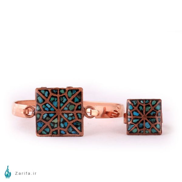 ست انگشتر و دستبند فیروزه و مس شبکه مربع