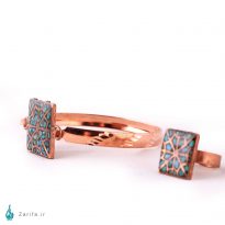 ست انگشتر و دستبند فیروزه و مس شبکه مربع