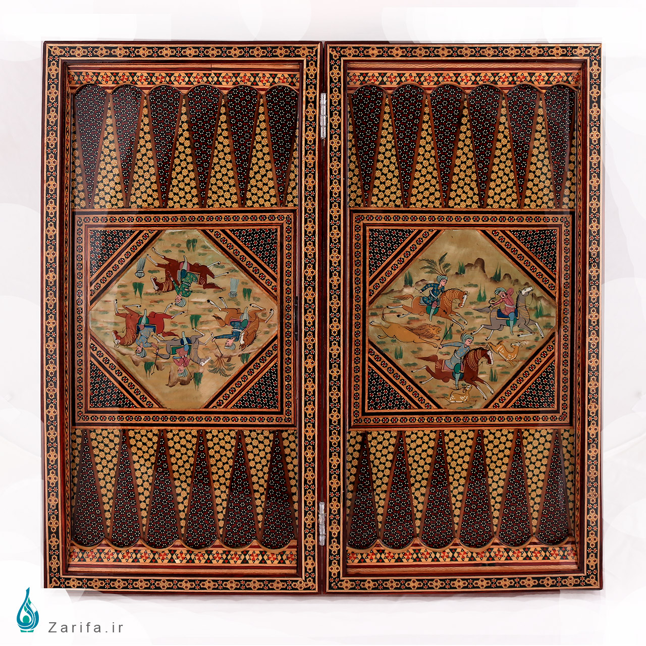 تخته نرد و شطرنج خاتم با نگارگری شکار طلایی 50*50