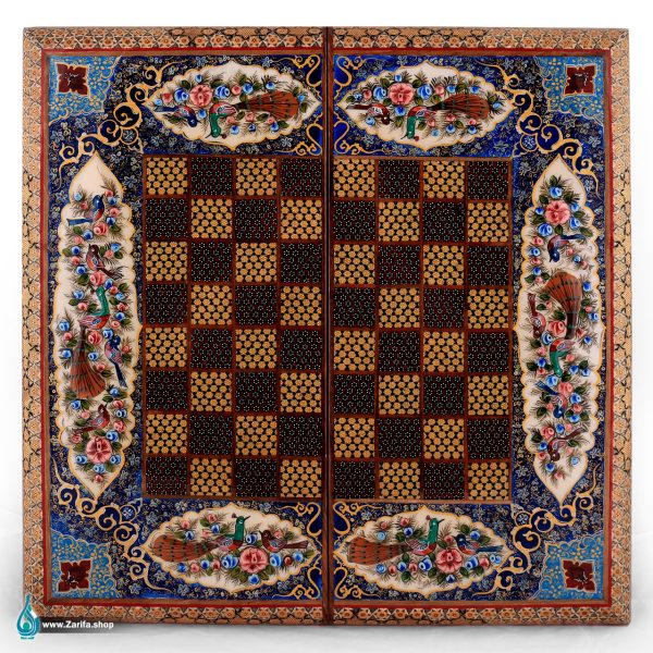 تخته نرد خاتم لب گرد با نقاشی گل و مرغ آبی