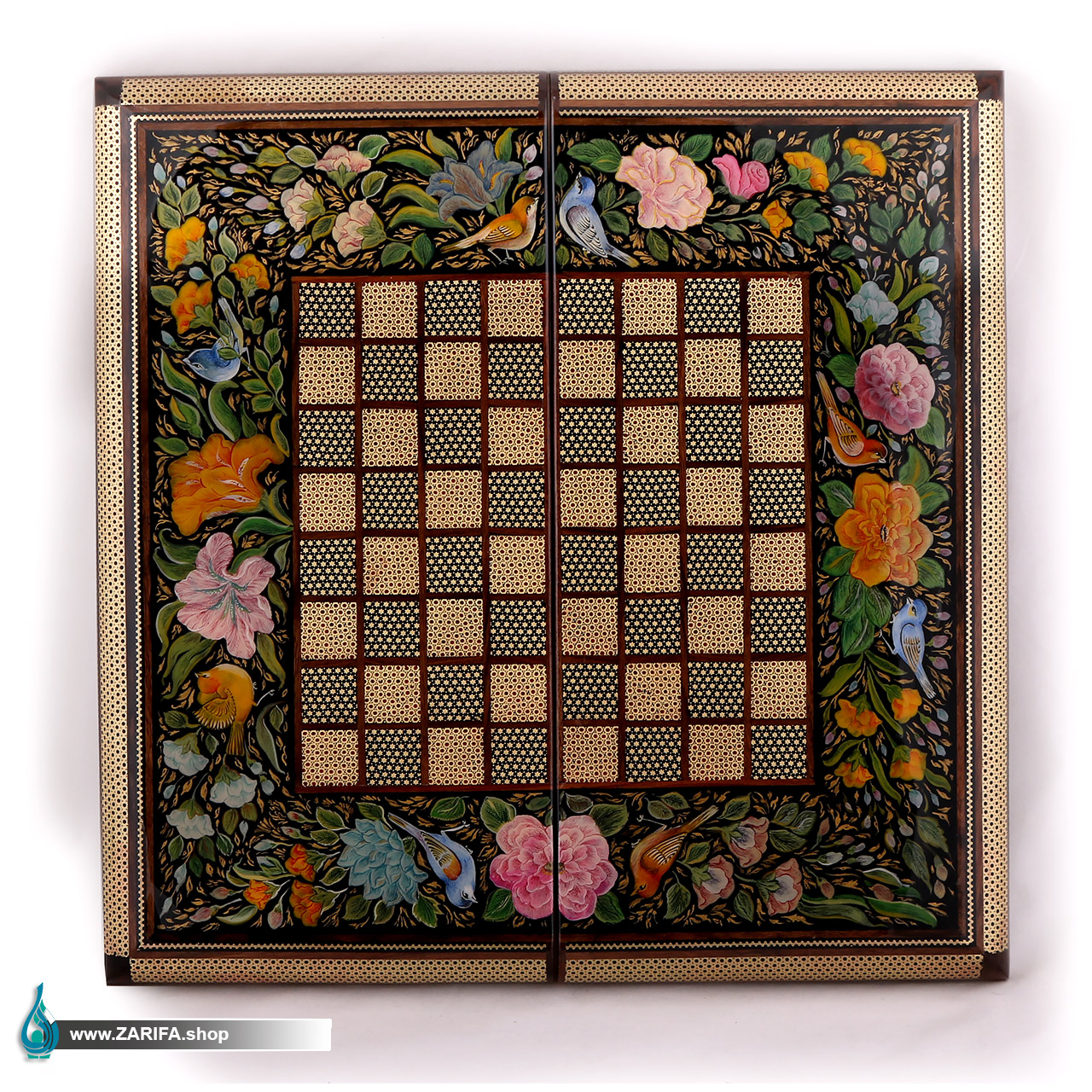تخته نرد خاتم اعلا با نقاشی گل و مرغ صدف مشکی 50*50