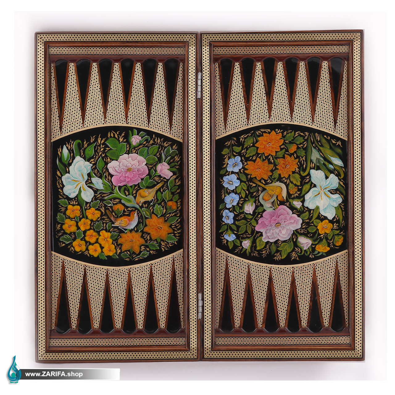 تخته نرد خاتم اعلا با نقاشی گل و مرغ صدف