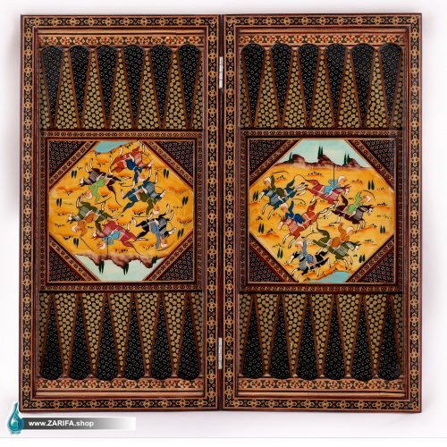تخته نرد و شطرنج خاتم لب گرد با شکاربرجسته و تذهیب  50*50 - Image 2
