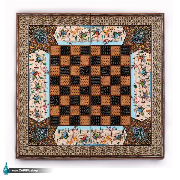 تخته نرد و شطرنج خاتم ستونی با شکار و تذهیب  50*50