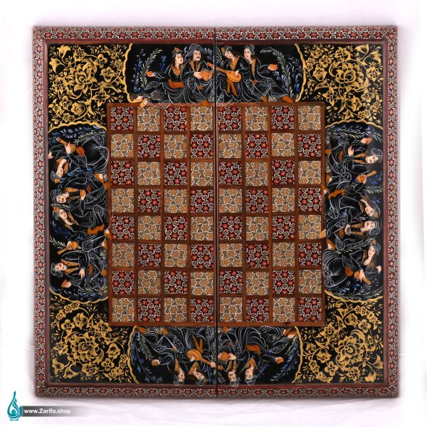 تخته نرد و شطرنج خاتم لب گرد مجلس بزم سیاه قلم