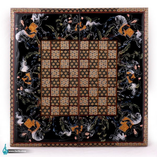 تخته نرد خاتم با نگارگری چوگان سیاه قلم 50 در 50