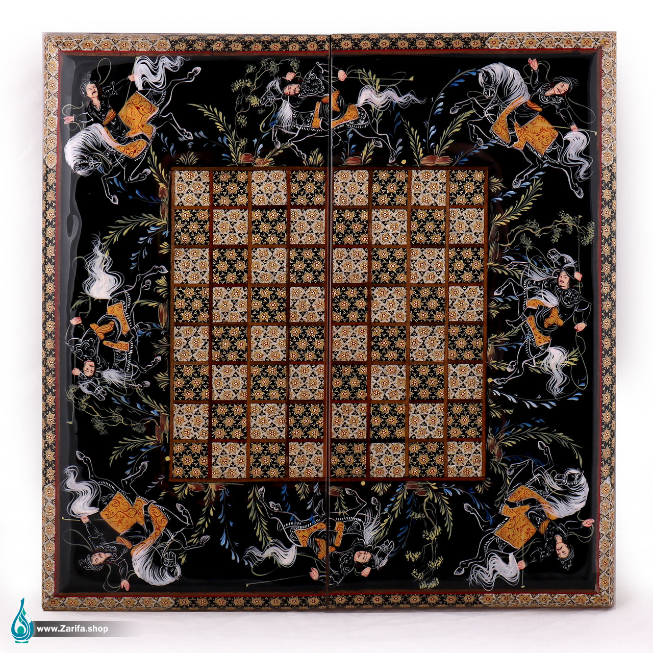 تخته نرد خاتم با نگارگری چوگان سیاه قلم 50 در 50