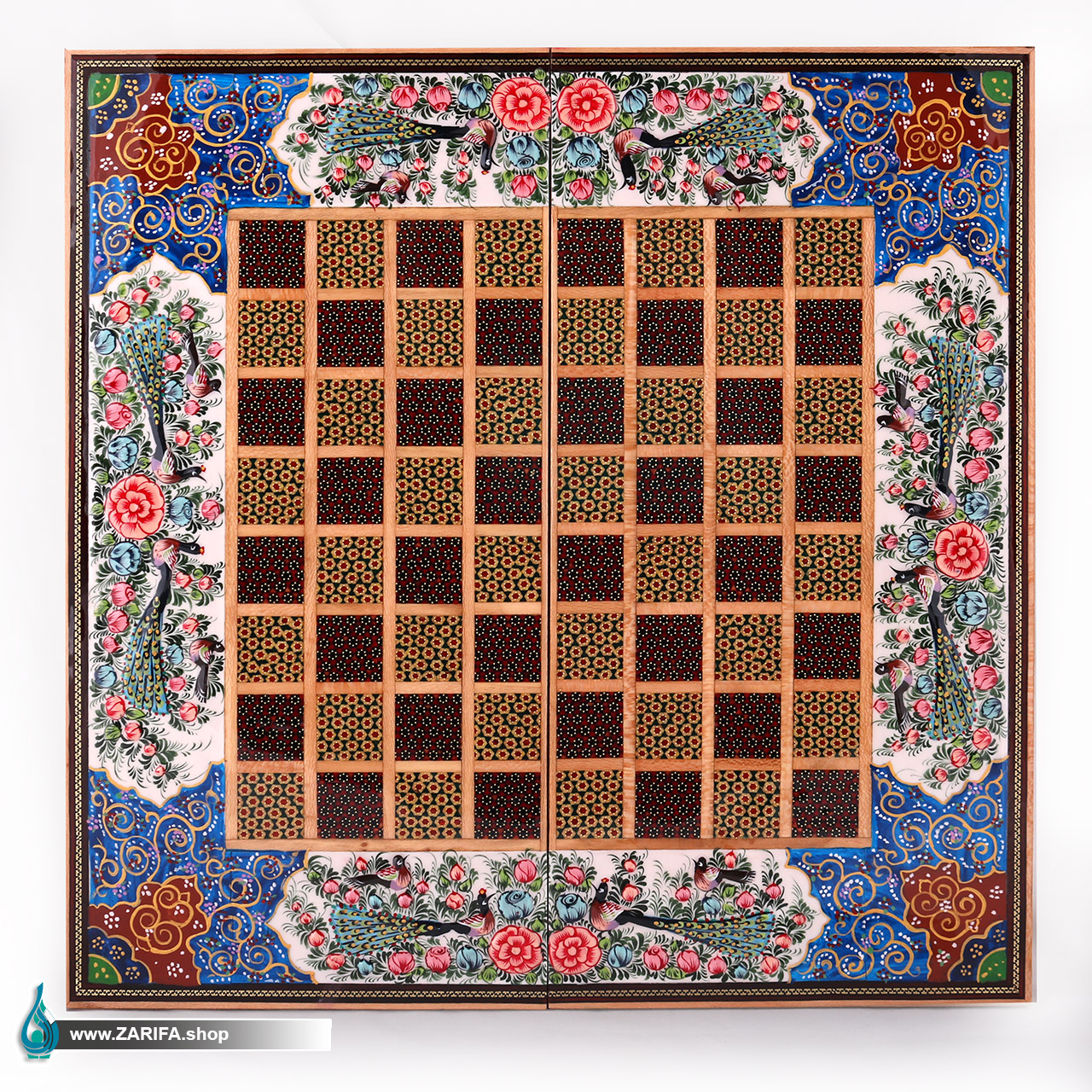 تخته نرد خاتم و چوب راش با نقاشی گل و مرغ 50*50