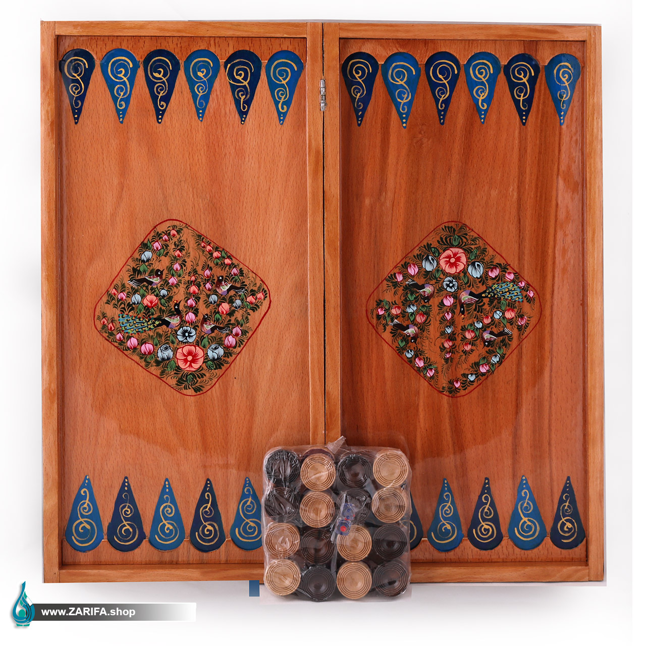 تخته نرد خاتم و چوب راش با نقاشی گل و مرغ 50*50
